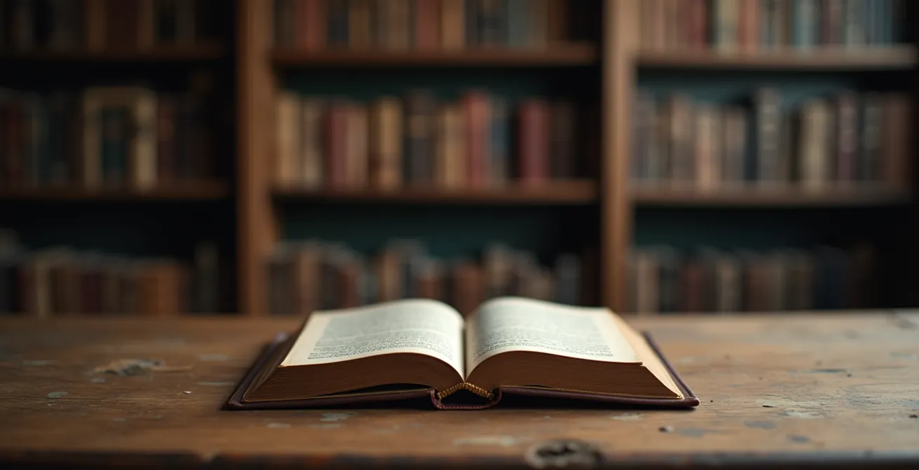 Livre fermé sur une table en bois avec éclairage tamisé